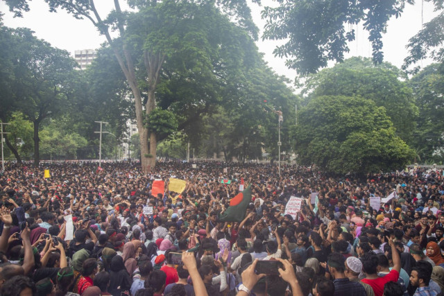 Protesters take part in a demonstration at the Central Shaheed Minar in Dhaka, Bangladesh, 03 August 2024